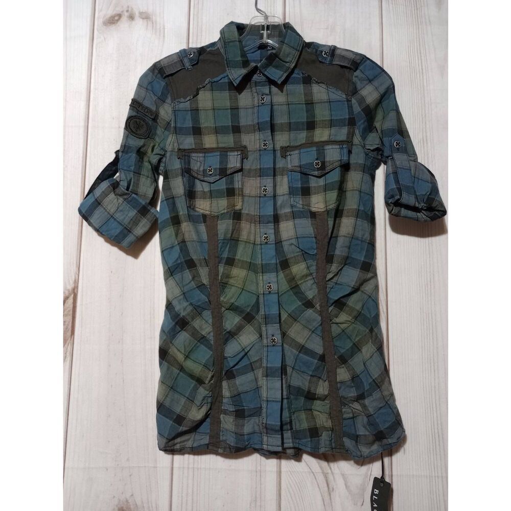 AfflictionβShirt Ladies Extra Small Teal Gray Shortβ Sleeve Button Front